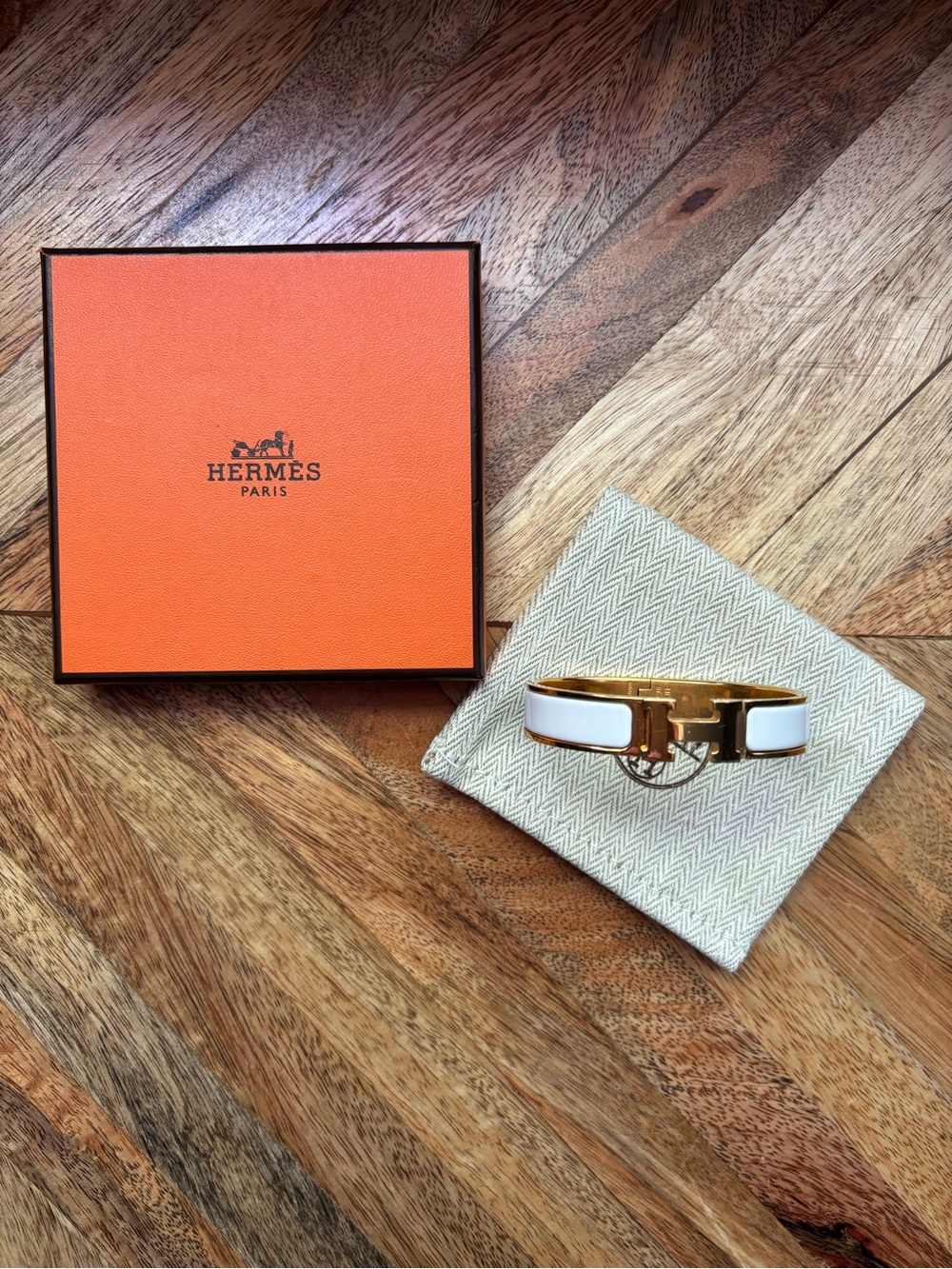 Hermes White and Gold Enamel H Cuff Bracelet